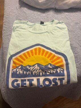 Mint Graphic Tee with 'Get Lost' Mountain Sunrise